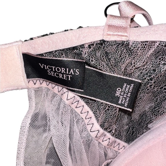 {EUC Victoria's Secret Push Up Chemise Bustier Baby Pink Mesh Black Lace 36D} - Picture 7 of 7
